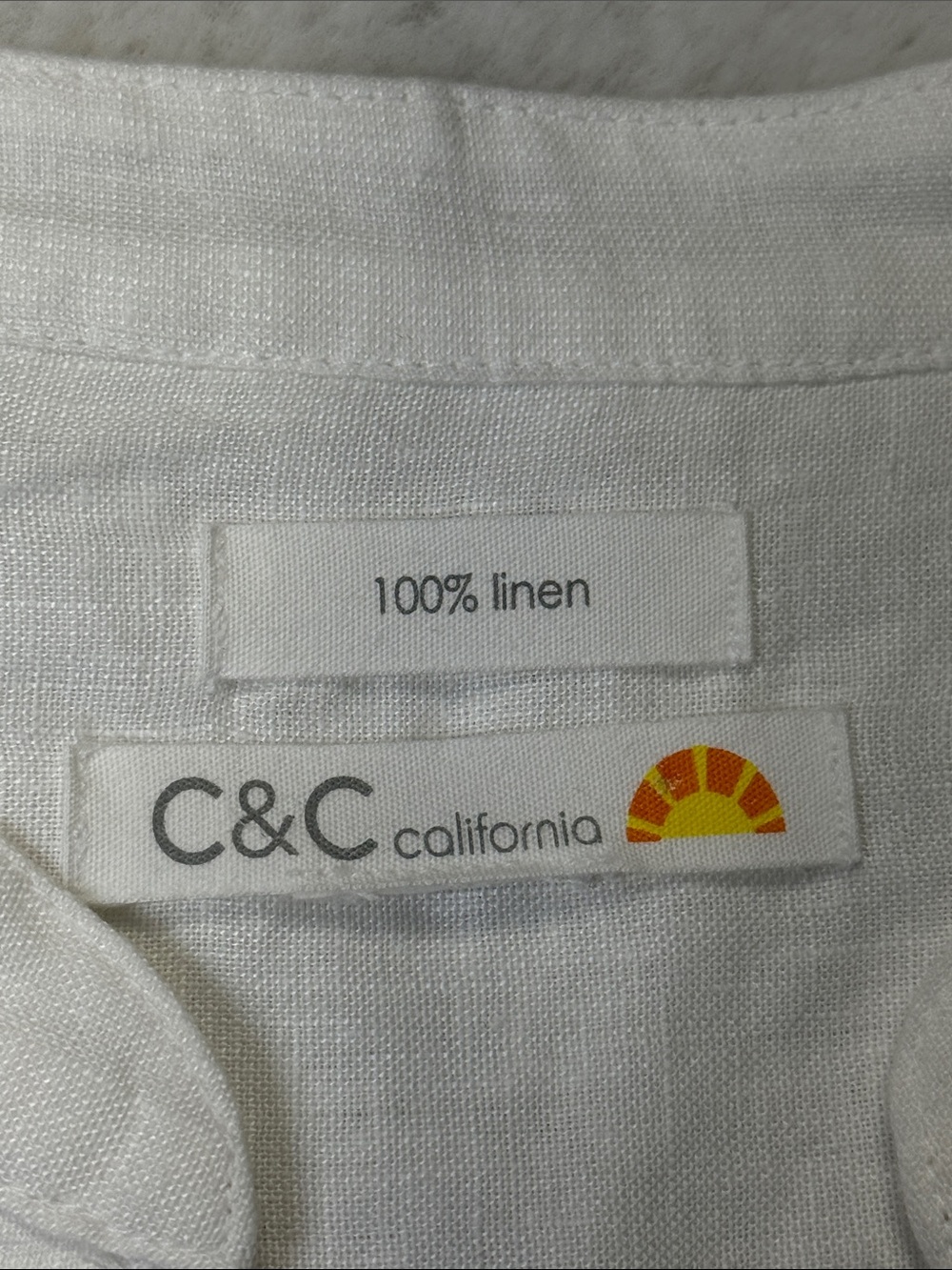 C&C California Linen Tunic Dress L White Split Neck Roll Tab Sleeve Pockets Read - Picture 3 of 14